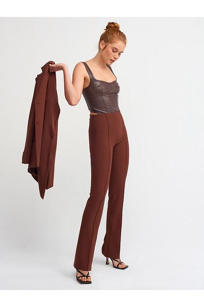 Dilvin 70304 Stitching Detailed Trousers-brown