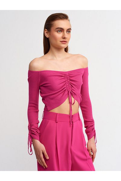 Dilvin 10192 Pulover cu dantelă cu umăr deschis-fucsia