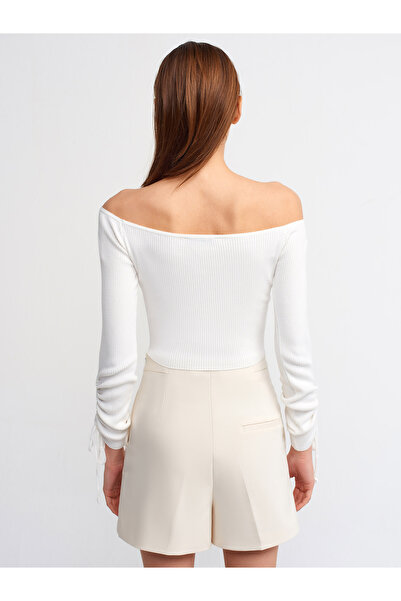 Dilvin 10192 Off Shoulder Gathered Lace Up Πουλόβερ-εκρού