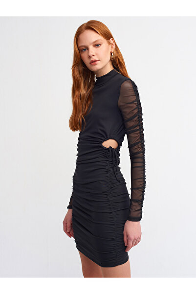 Dilvin 9119 Büzgü Detaylı Elbise-siyah