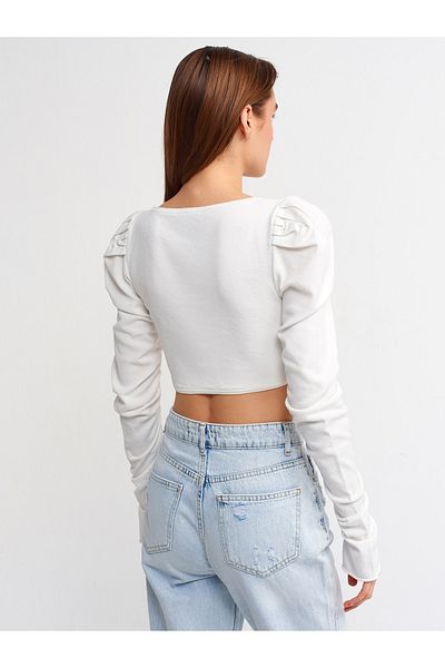 Dilvin Ecru Square Collar Sleeve Pleated Sweater