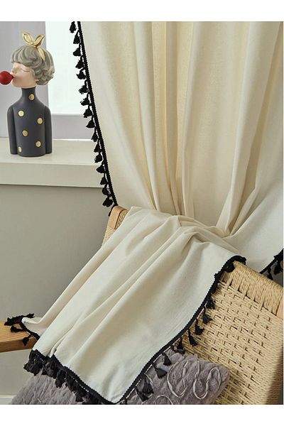 Perdeplus Linen Bohemian Beige Background Curtain Black Tufted Vintage Bohemian Design