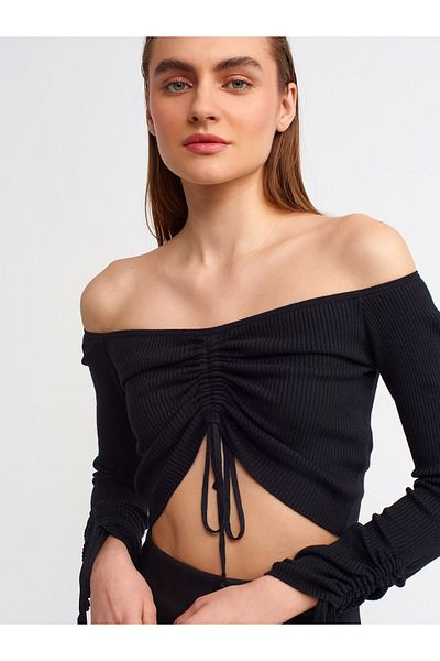 Dilvin 10192 Pulover cu șiret cu șnur cu umăr dezactivat-negru