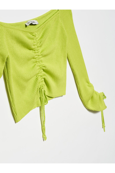 Dilvin 10192 Pulover cu șnur cu umăr deschis-lime