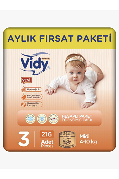 Vidy 3 Numara Bebek Bezi Midi Premium 216 Adet 54x4 Paket Ekonomik/4-10 Kg/ Sızdırmaz Emici Hipoalerjenik