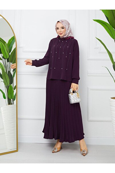 asyadabutik Set dublu de mărime mare cu fustă cu mărgele și volane