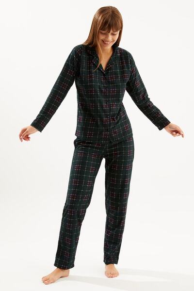 Ecrou Green Burgundy Plaid Suede Buttoned Baby Collar Long Sleeve Long Bottom Pajama Set
