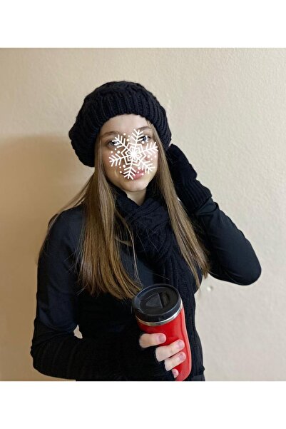 sema aksesuar Κασκόλ 3 τμχ Χειμερινό Μαύρο Χρώμα - Σετ γαντιών Beanie And Cut...