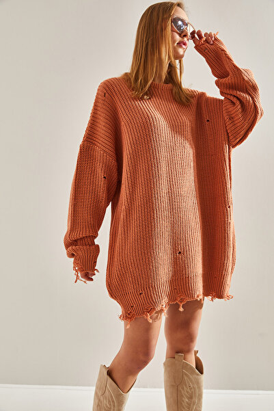 Bianco Lucci Women's Thessaloniki Knit Openwork Detailed Oversize Knitwear Sweater