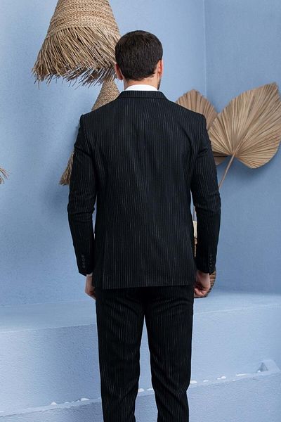 NOKTA GİYİM Μαύρο ριγέ Slim Fit ανδρικό κοστούμι με διπλό στήθος