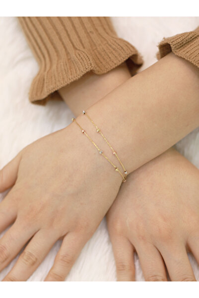 Zeynepli gold & jewelry 14 Ayar Altın Çift Zincir Dorikalı Bileklik