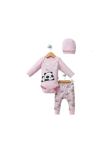 Point Sleepy Panda Patterned Long Sleeve 3-Piece Baby Bodysuit