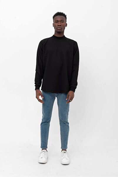 GRODYT Erkek basic regular fit yarım balıkçı sweatshirt pamuk 2 iplik siyah