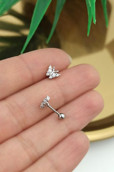 Çlk Accessories 316 ثقب الفراشة من الفولاذ الجراحي الزركون بثلاثة أحجار Trpiercing0143