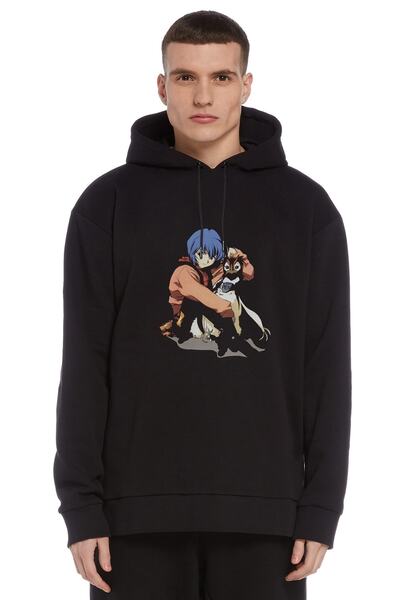 QIVI Anime One Punch Man Printed Black Men's Knitted Hooded Sweatshirt Long S...