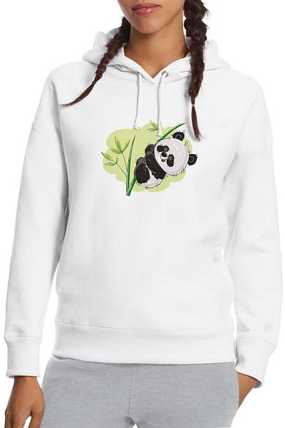 QIVI Hanorac tricotat cu glugă cu mânecă lungă, alb, cu imprimeu panda