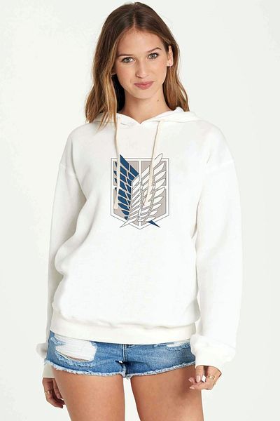 QIVI Hanorac alb cu glugă pentru femei, cu emblema Attack On Titan