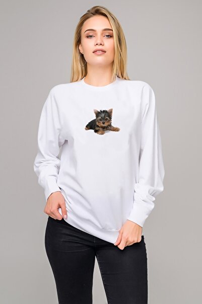 QIVI سويت شيرت نسائي محبوك بأكمام طويلة مطبوع عليه بودل يوركي أبيض