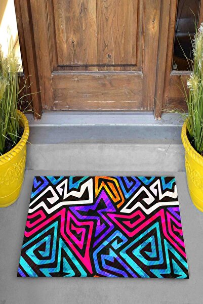 Evsebu Turkuaz Pembe Geometrik Dekoratif Kapı Önü Paspası