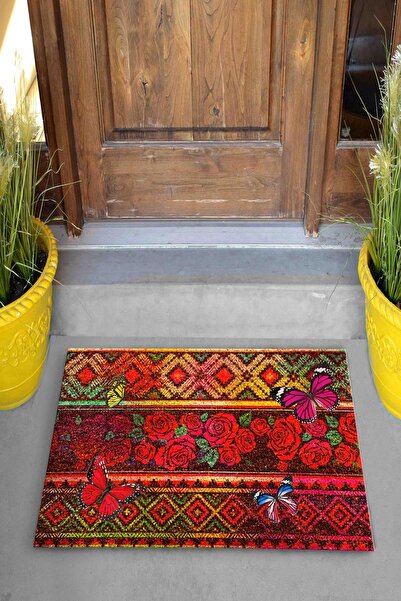 Evsebu Dekoratif Kapı Önü Paspası Kilim Kırmızı Gül