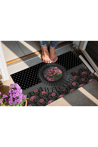 Evsebu Welcome Pembe Gül Dekoratif Kapı Önü Paspası