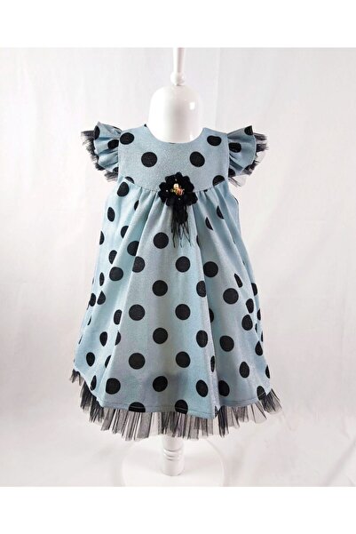 ÖFİ Kids Kız Çocuk Siyah Puantiyeli Simli Kısa Kollu Mavi Elbise