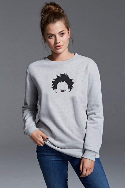 QIVI Anime No Hero Academiadan Midorya Printed Gray Women's Knitted Sweatshir...