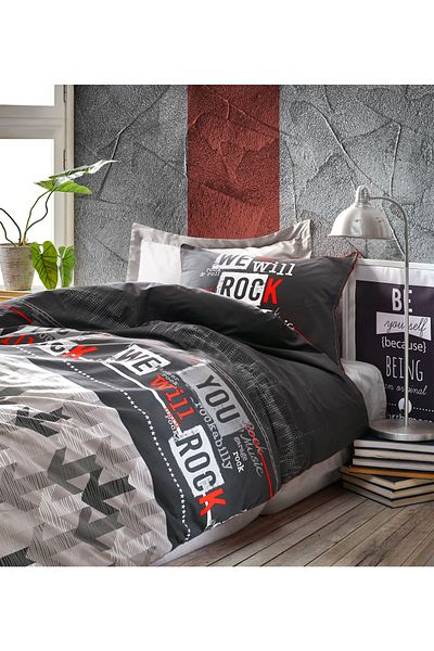 Cotton Box Youth Room Single Duvet Cover Set with Fitted Sheets Rock Red
