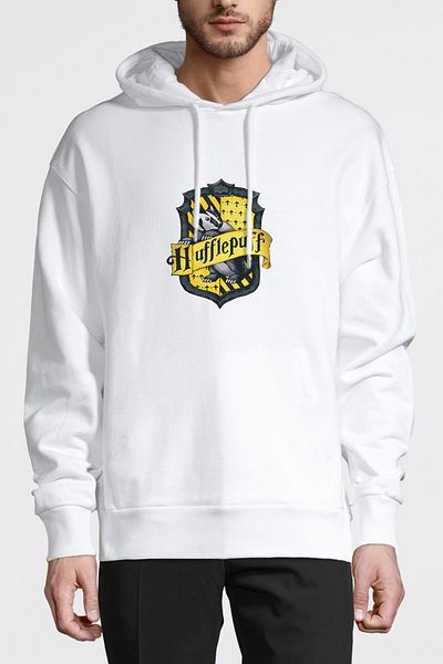 QIVI Hufflepuff Printed White Men's Knitted Hooded Sweatshirt Long Sleeve
