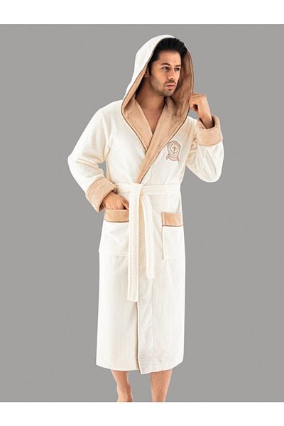 Nuşa Cream Hooded Sports Embroidered Bamboo Cotton Men's Bathrobe