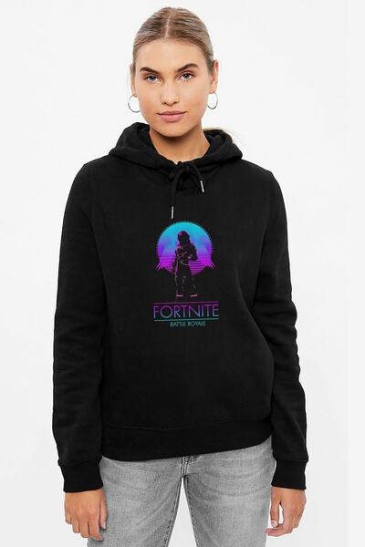 QIVI Fortine Battle Royale Printed Black Women's Knitted Hooded Sweatshirt Lo...