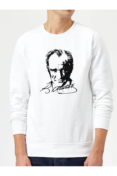 QIVI Atatürk 23 Απριλίου εμπριμέ λευκό ανδρικό πλεκτό φούτερ μακρυμάνικο