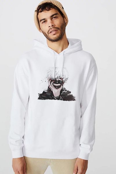 QIVI Anime Tokyo Ghoul Anteiku εμπριμέ λευκό ανδρικό πλεκτό φούτερ με κουκούλα μακρυμάνικο