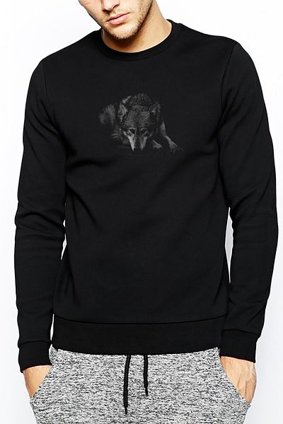 QIVI Sad Wolf Printed Black Men's Knitted Sweatshirt Long Sleeve