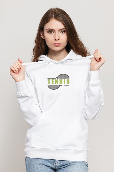 QIVI Hanorac tricotat cu glugă cu mânecă lungă, alb, cu imprimeu sportiv tenis
