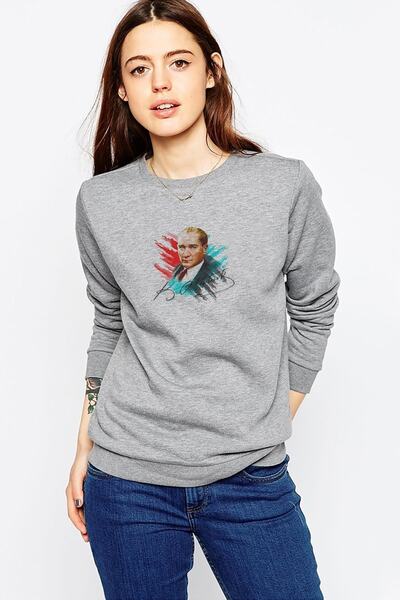 QIVI Tc Ulu Önder Mustafa Kemal Atatürk Štampano Siva ženska Pleteno majica d...