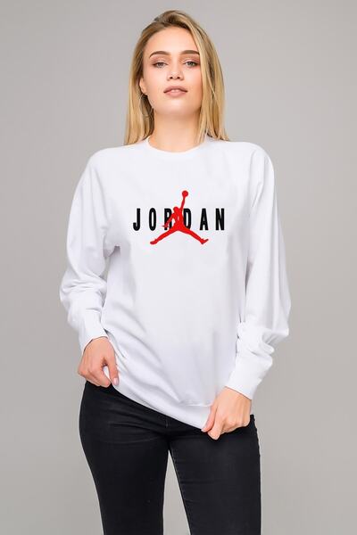 QIVI سويت شيرت نسائي أبيض محبوك بأكمام طويلة ومطبوع عليه كرة السلة Air