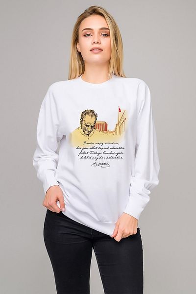 QIVI Γυναικείο πλεκτό φούτερ με στάμπα Ataturk Λευκό