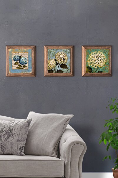 Oscar Stone Decor Masif (ahşap) Çerçeveli 3'lü Set Taş Tablo Pano 28x28 Cm Yaşam Çiçeği Hayat Ağacı