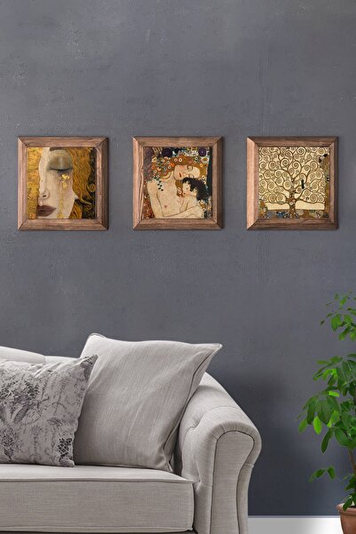 Oscar Stone Decor Masif (ahşap) Çerçeveli 3'lü Set Taş Pano Gustav Klimt Eser...