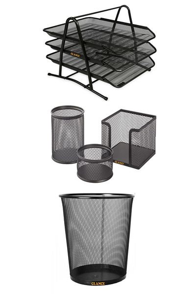 GLANCE 3-Piece Metal Black Document Rack Paper Clip Cube Holder Pen Holder - Dustbin Perforated Office Set