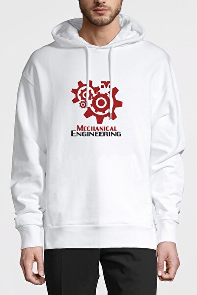 QIVI Mechanical Engineering Logo Printed White Men's Knitted Hooded Sweatshir...