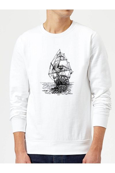 QIVI Flagship Illustration Ιστιοπλοϊκό σκάφος με στυλό με στάμπα λευκό ανδρικό πλεκτό φούτερ μακρυμάνικο