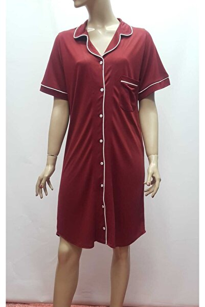 Nena Cămașă de noapte pentru femei, roșu Claret, cu guler cu nasturi în față
