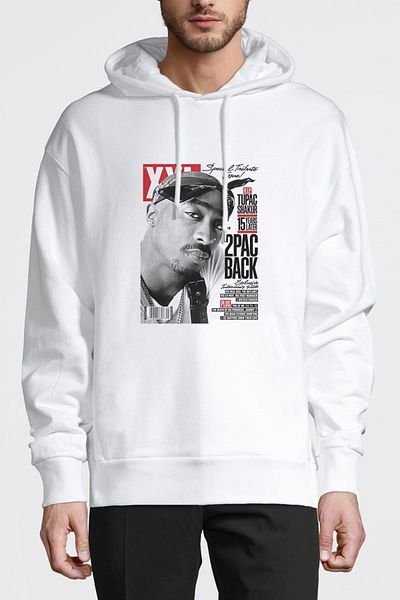 QIVI Rap Hiphop 2pac Back Cover Printed White Men's Knitted Hooded Sweatshirt Long Sleeve