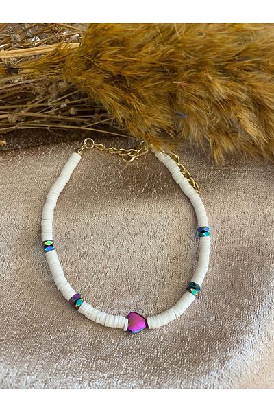 Markiz Takı Women's White Fimo Hematite Heart Anklet