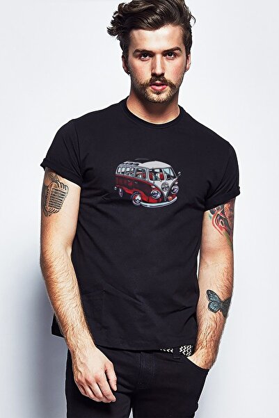 QIVI Tricou tricotat pentru bărbați negru cu imprimeu caravană Wv