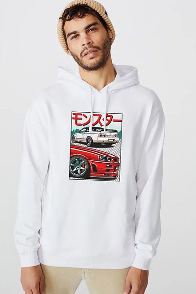 QIVI Nissan Skyline Gtr R32 & R34 Printed White Men's Knitted Hooded Sweatshirt Long Sleeve