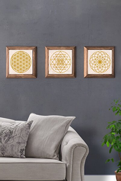 Oscar Stone Decor Yaşam Çiçeği Sri Yantra Ve Torus Masif Ahşap Çerçeveli 3'lü...