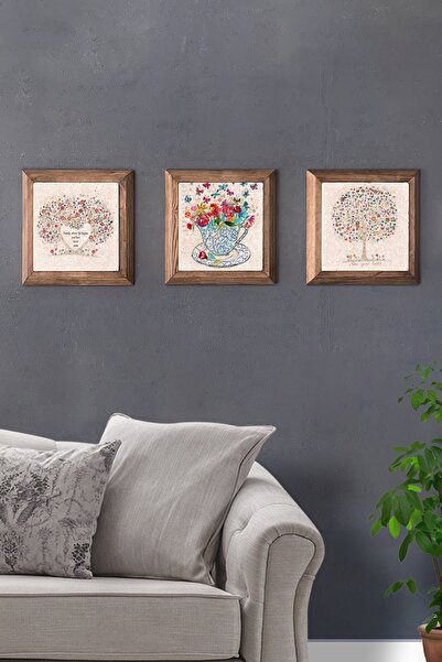 Oscar Stone Decor Masif (ahşap) Çerçeveli 3'lü Set Taş Tablo Pano 28x28 Cm Ke...
